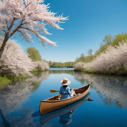 Prompt: Blue lake and blue sky, Side view of a lady sitting in a canoe, Flowered trees in the lake