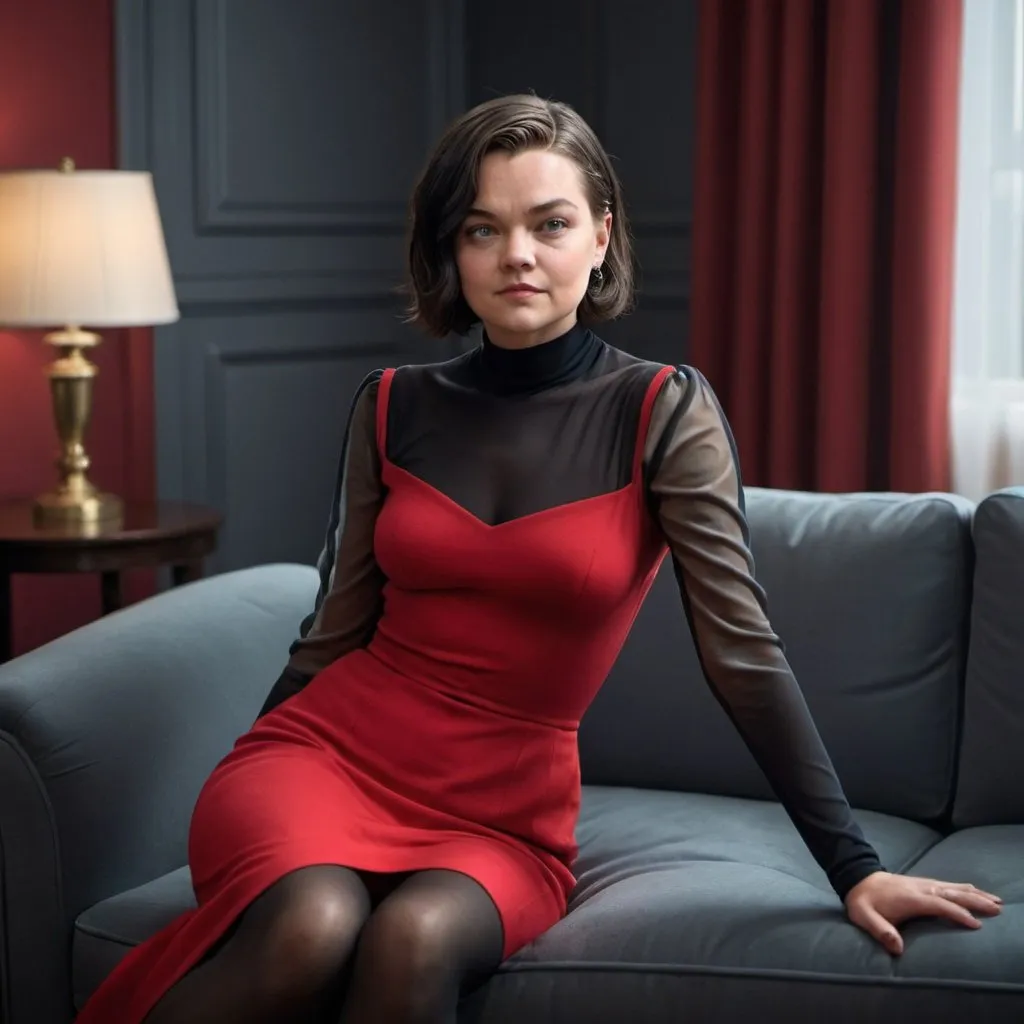 Prompt: Leonardo_DiCaprio in tight_red_dress and black_transparent_tights sitting on the sofa, short blackhair_vawy_bob, black_transparent_neckline, black_transparent_sleeves, beautiful_eyes, soft_lighting, room, looking at camera, best quality, ultra realistic