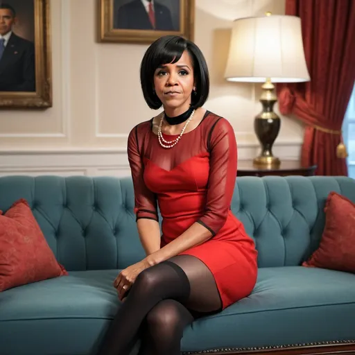 Prompt: Barrack Obama in tight_red_dress and black_transparent_tights sitting on the sofa, short blackhair_vawy_bob, black_transparent_neckline, black_transparent_sleeves, beautiful_eyes, soft_lighting, room, looking at camera, best quality, ultra realistic