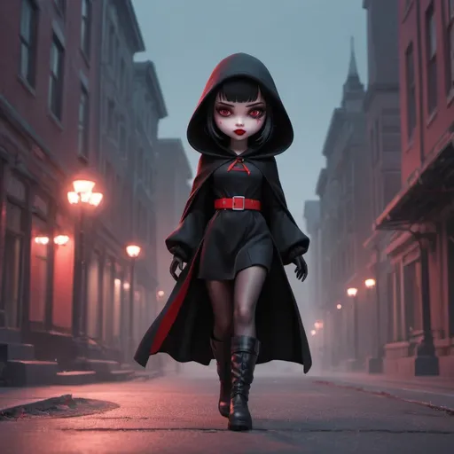 Prompt: Tiny cute black hair vampire girl with hooded black robes walking in front of camera, she is wearing short black dress and transparent tights and long black boots, vampire makeup with red belt, full body, red soft background lights, night city and dead people in background, soft smooth lighting, soft pastel colors, skottie young, 3d blender render, polycount, modular constructivism, pop surrealism, physically based rendering, square image