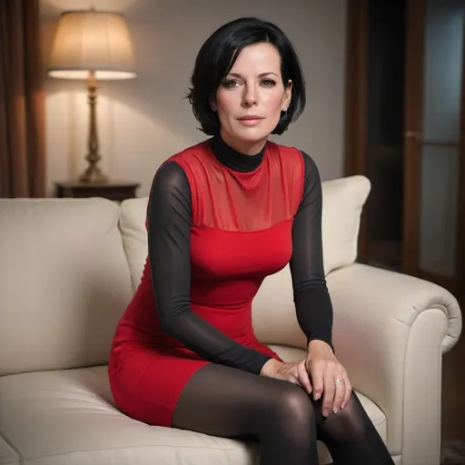 Prompt: Bruce_Willis in tight_red_dress and black_transparent_tights sitting on the sofa, short blackhair_vawy_bob, black_transparent_neckline, black_transparent_sleeves, beautiful_eyes, soft_lighting, room, looking at camera, best quality, ultra realistic