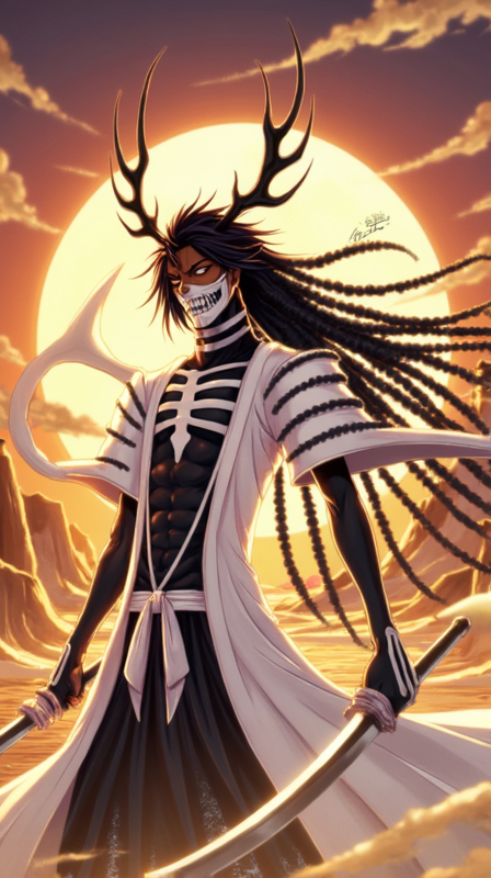 Prompt: A striking brown skinned male figure stands against a vast, golden sunset, exuding an aura of power and mystique. The character, clad in a flowing black and white outfit adorned with skeletal designs, features dramatic antlers that add an otherworldly touch to their silhouette. With an intense gaze and face partially obscured by a mask, they wield dual swords, their long, intricate locs cascading behind them like a dark waterfall. The dramatic play of light from the setting sun highlights the stark contrasts in their costume, while the surrounding desert landscape, with its soft dunes and ethereal clouds, enhances the sense of isolation and strength. The overall composition captures a moment frozen in time, evoking feelings of tension and anticipation in this fantastical realm.