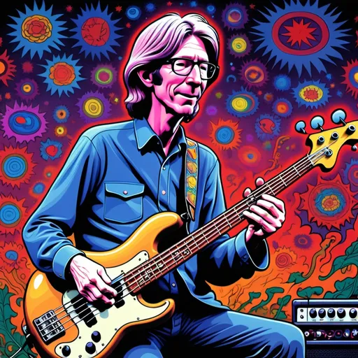 Prompt: Psychedelic Cartoon style picture of Phil Lesh from the grateful dead playing his bass.