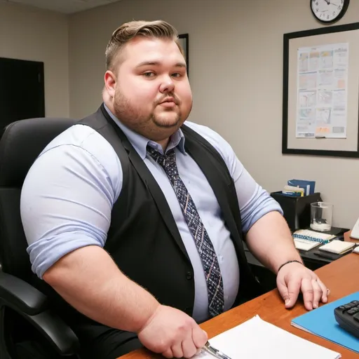 Prompt: Chubby gay working in office