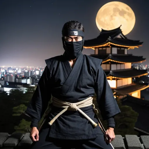Prompt: Ninja at night on a old japanese castle rooftop