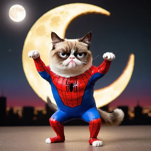 Prompt: grumpy cat dancing on the moon with Spiderman