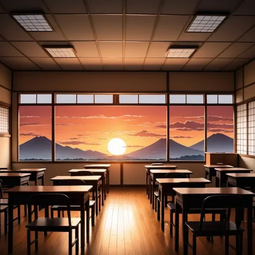 Prompt: manga style sunset in a japanese classroom