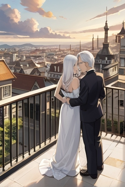 Prompt: a man is student, a woman is white hair, each other standing on the balcony, a storybook illustration, old apartment, masterpiece
