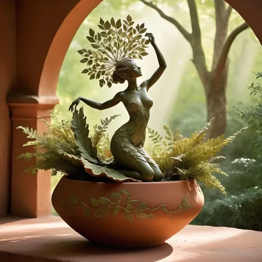 Prompt: A whimsical huge figure composed of delicately arranged diamond leaves, poised in a carefree dance on the rim of a weathered, moss-covered terracotta pot, fire surrounding it, set against a lush, vibrant forest backdrop, where dappled sunlight filters through the canopy above, casting intricate shadows. The overall aesthetic is ethereal, with warm, earthy tones of sienna, umber, and olive green, infused with hints of emerald and golden light, evoking a sense of wonder and enchantment, as if plucked from a fantastical realm.