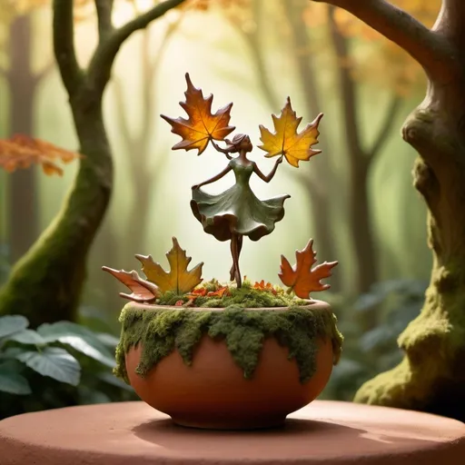 Prompt: A whimsical miniature figure composed of delicately arranged autumn leaves, poised in a carefree dance on the rim of a weathered, moss-covered terracotta pot, set against a lush, vibrant forest backdrop, where dappled sunlight filters through the canopy above, casting intricate shadows. The overall aesthetic is ethereal, with warm, earthy tones of sienna, umber, and olive green, infused with hints of emerald and golden light, evoking a sense of wonder and enchantment, as if plucked from a fantastical realm.