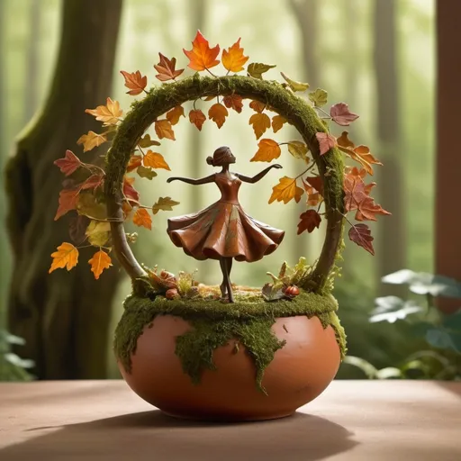 Prompt: A whimsical miniature figure composed of delicately arranged autumn leaves, poised in a carefree dance on the rim of a weathered, moss-covered terracotta pot, set against a lush, vibrant forest backdrop, where dappled sunlight filters through the canopy above, casting intricate shadows. The overall aesthetic is ethereal, with warm, earthy tones of sienna, umber, and olive green, infused with hints of emerald and golden light, evoking a sense of wonder and enchantment, as if plucked from a fantastical realm.