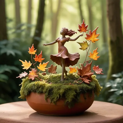 Prompt: A whimsical miniature figure composed of delicately arranged autumn leaves, poised in a carefree dance on the rim of a weathered, moss-covered terracotta pot, set against a lush, vibrant forest backdrop, where dappled sunlight filters through the canopy above, casting intricate shadows. The overall aesthetic is ethereal, with warm, earthy tones of sienna, umber, and olive green, infused with hints of emerald and golden light, evoking a sense of wonder and enchantment, as if plucked from a fantastical realm.