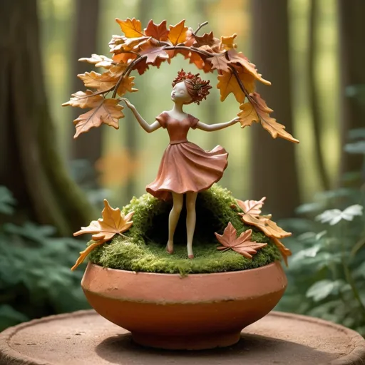 Prompt: A whimsical miniature figure composed of delicately arranged autumn leaves, poised in a carefree dance on the rim of a weathered, moss-covered terracotta pot, set against a lush, vibrant forest backdrop, where dappled sunlight filters through the canopy above, casting intricate shadows. The overall aesthetic is ethereal, with warm, earthy tones of sienna, umber, and olive green, infused with hints of emerald and golden light, evoking a sense of wonder and enchantment, as if plucked from a fantastical realm.