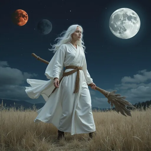 Prompt: Human female, Caucasian white, 18 years old, white hair, dressed in all white robes, holding a plan arcane oak staff.  She is walking in a farmers field in the night time with 3 moons in the sky.  One moon is dark red, one moon is dark black and one larger moon that is bright white.  Fantasy.  Stars have constilation of a dragon. Dragonlance, dungeons and dragons, detailed.