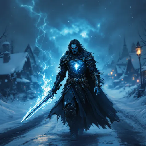 Prompt: Human male, gray color skin, 33 years old, dark hair, dressed in damaged Paladin armor, large stab hole in chest, holding a magical two handed sword in one hand while his other hand is holding  a Eldridge Blast dark energy.  Light red eyes. Faint light and dark aura around him.  He is walking towards a snowy town on the road in the night time. Fantasy.  Perpetual darkness in the sky.  
Detailed, realistic, natural lighting. Icewind Dale.  Paladin/Warlock character.  Dungeons and Dragons. Damaged armor.  Hole in heart chest piece. Sword glowing dark energy.