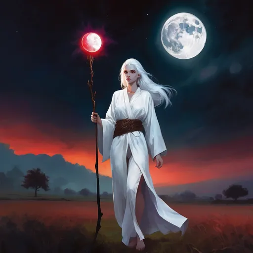 Prompt: Human female, Caucasian white, 18 years old, white hair, dressed in all white robes, holding a plan arcane oak staff.  She is walking in a farmers field in the night time with 3 moons in the sky.  One moon is dark red, one moon is dark black and one larger moon that is bright white.  Fantasy.  Stars have constilation of a dragon.
