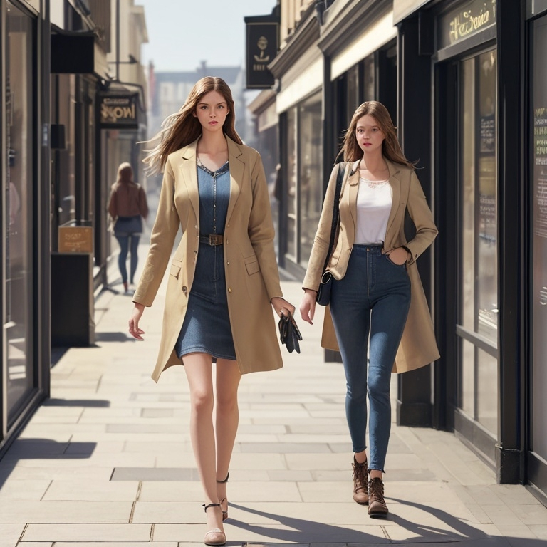 Prompt: Tall young woman walking down the high street, detailed clothing, realistic, natural lighting