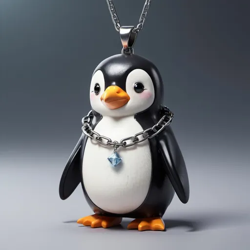 Prompt: penguin his head is cube shaped wearing a chain as a neckless, the chain is soft and small he wears it around his neck, the penguin looks dangerous with scars  , anime style, high res 3/4 view