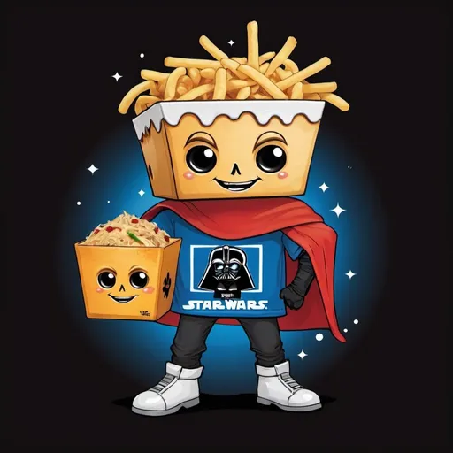 Prompt: jack and the box food mascot with blond hair and a star wars  t shirt