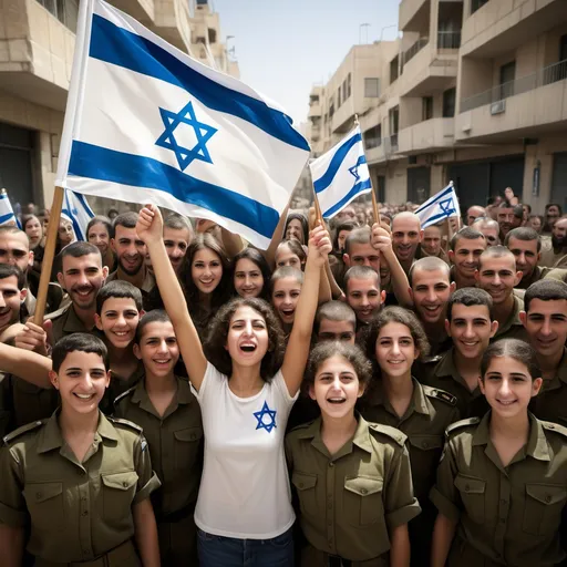 Prompt: צור תמונה של חופש ובטחון במדינת ישראל עם צבא חזק ושיהיה תמונה של חטופים שחזרו 
 , שמניפים דגל
תשלב גם חיילים וגם אזרחים ,נשים וילדים מאוחדים סביב הדגל
