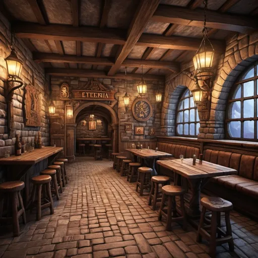 Prompt: eternia planet.  medieval tavern. Stone brick walls, wooden floor. 