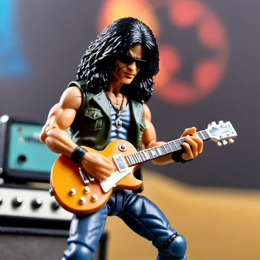 Prompt: product shot, slash from guns n roses  gijoe 3 3/4 vintage figure, playing gibson lespaul guitar. background stage made of plastic, toy style