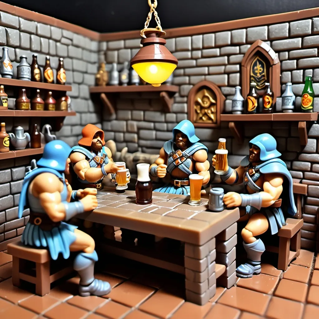 Prompt: plastic set of eternia planet. medieval tavern. Stone brick walls, wooden floor. medieval warrios Action figures drinking beer