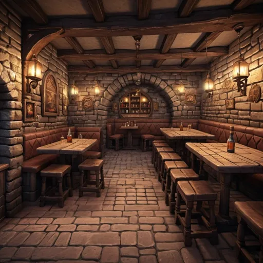 Prompt: eternia planet.  medieval tavern. Stone brick walls, wooden floor. 