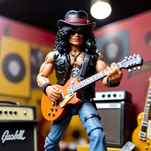 Prompt: product shot, slash from guns n roses  gijoe 3 3/4 vintage figure, galley hat, playing gibson lespaul guitar. background stage made of plastic, toy style