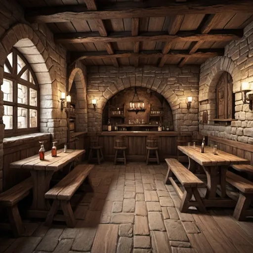 Prompt: medieval tavern. Stone brick walls, wooden floor. 