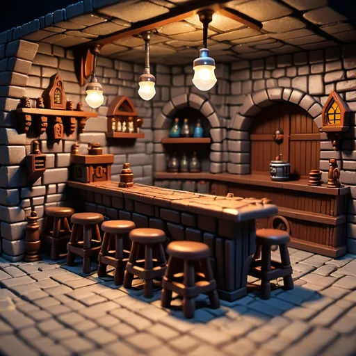 Prompt: plastic set of eternia planet. medieval tavern. Stone brick walls, wooden floor.