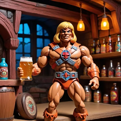 Prompt: product shot. he-man action figure drinking a beer on an eternian tabern. background plastic toy eternian tabern