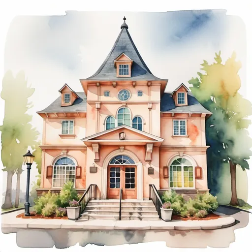 Prompt: Charming Storybook Library building in watercolor