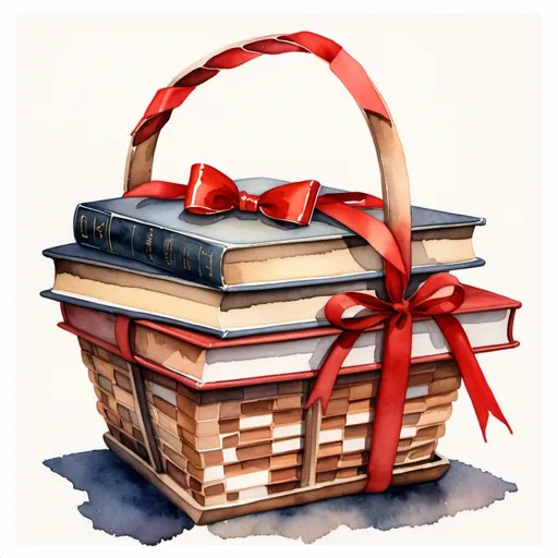 Prompt: Watercolor painting of a basket of books with a red ribbon on top