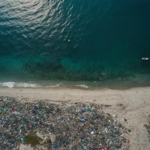 Prompt: ecological photo of ocean and shore filled with plastic trash, wide view, dron shot 