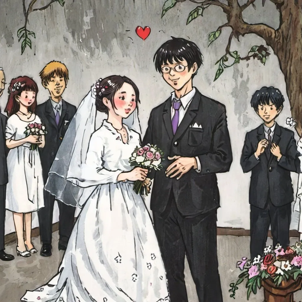 Prompt: couple getting happily married, junji ito art style
