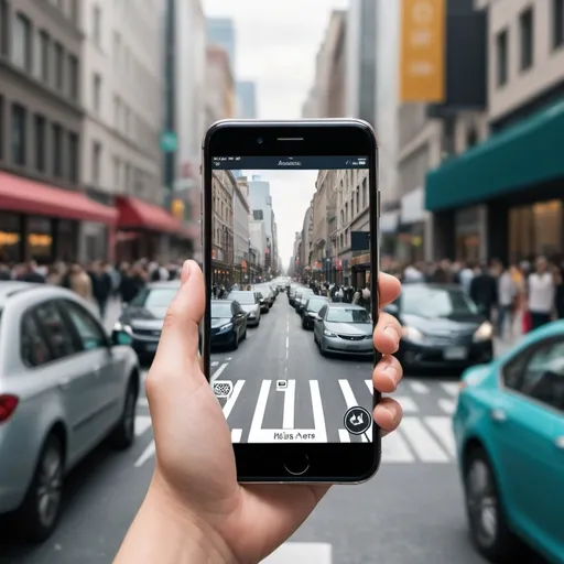 Prompt: An AI-powered camera or smartphone app identifying objects in a crowded city street. Digital overlays highlight recognized items like people, cars, and landmarks, demonstrating real-time image recognition technology.