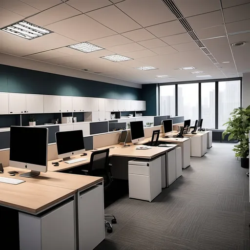 Prompt: Give me an image of office interior, with furnitures and fixtures that are toxic to the health and have a catchy fear based messaging on it