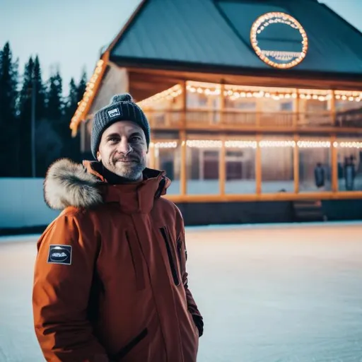 Prompt: white man wearing winter parka in front of outdoor rink

