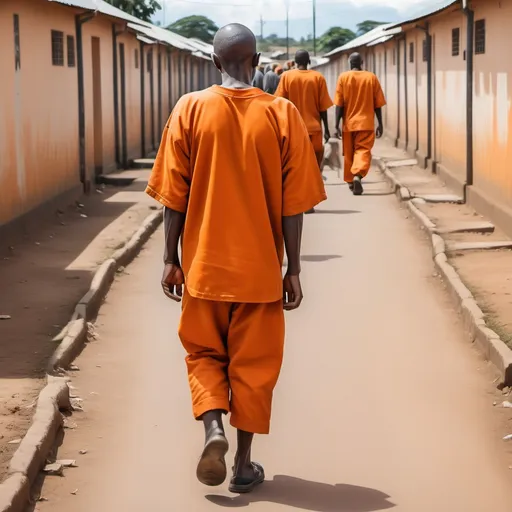 Prompt: Create a a picture of a prisoner realised from prison is walking back to the street in Tanzania wearing prison clothes orange in colour