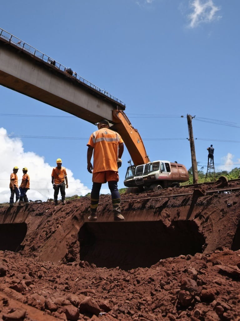 Prompt: Workers in the Brumadinho MG tragedy, at the bottom of the railway network that was hit by the dam collapse.