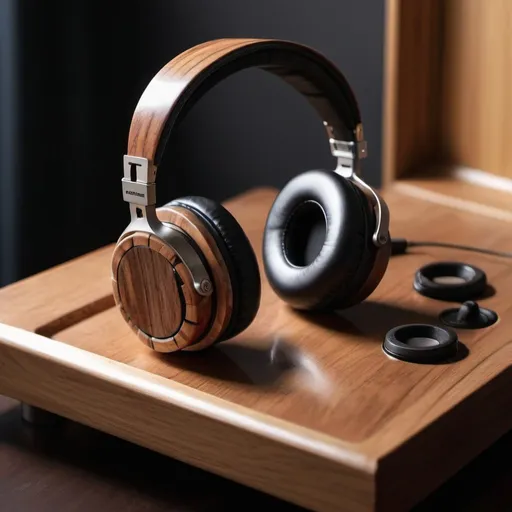 Prompt: Wooden headphones in a sophisticated ambient
