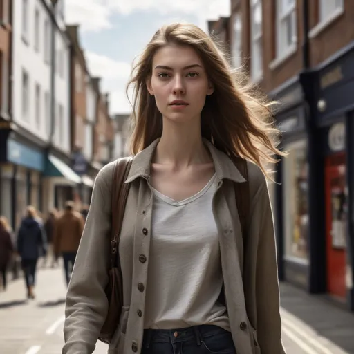 Prompt: Tall young woman walking down the high street, detailed clothing, realistic, natural lighting