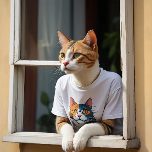 Prompt: Cat waiting on a window, wearing T shirt printed Tara Baya