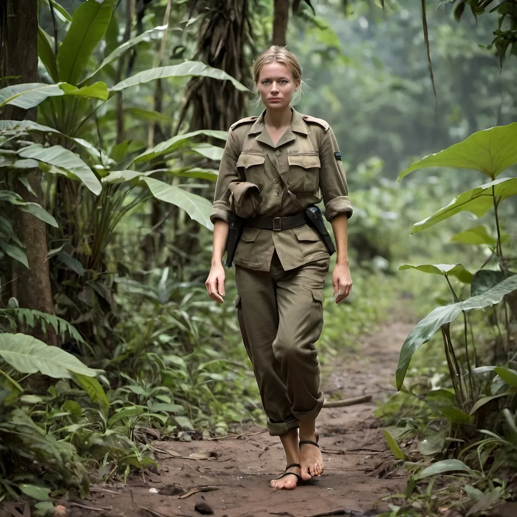 Prompt: German female soldier barefoot walking in a jungle in democratic republic of Congo. Barefoot. Full body