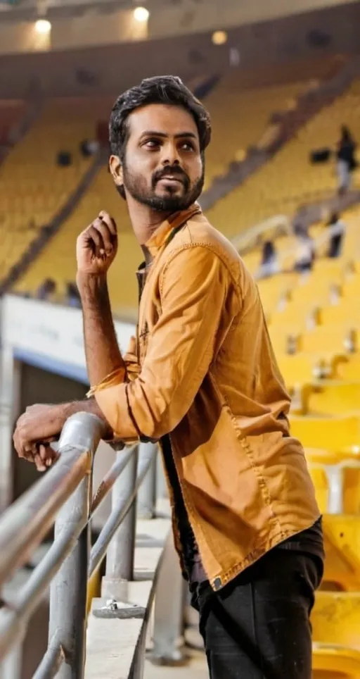 Prompt: a man leaning on a railing in a stadium looking at the camera with a serious look on his face, Fathi Hassan, samikshavad, jayison devadas, a stock photo