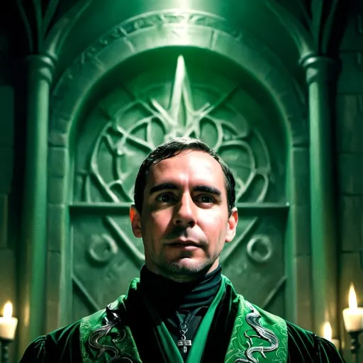 Prompt: Salazar Slytherin, muscular pecs through green and silver (exquisite robes), bald, dark and grey beard, gripping a white wand, (chamber of secrets) background, dark magic, vibrant colors, (ultra-detailed), enchanting atmosphere, (mythical essence) capturing darkness and arrogance, snake on the floor