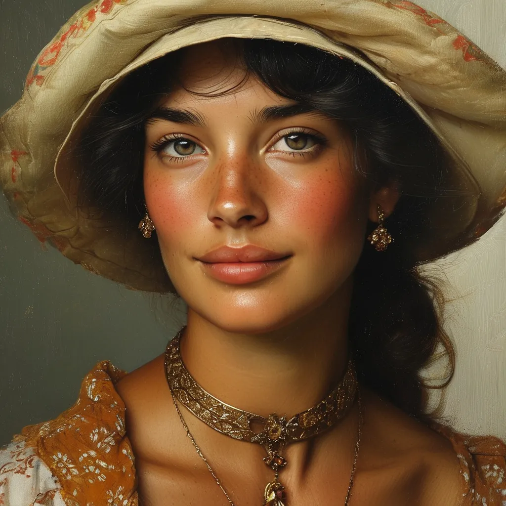 Prompt: a woman wearing a hat and a necklace on her neck and a necklace on her neck, with a smile on her face, Annabel Eyres, naturalism, olive skin, a portrait