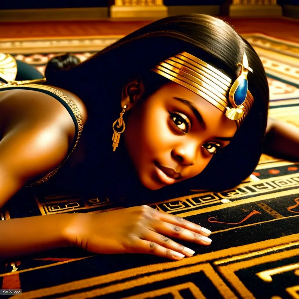 Prompt: Black woman lying on (luxurious carpet), (Egyptian palace) ambiance, rich historical architecture, intricate (hieroglyphics) and gold accents, soft (warm lighting) creating a sense of comfort, opulent surroundings, detailed textile patterns in carpet, calm and serene atmosphere, (highly detailed), (4K), capturing the elegance and beauty of the scene.