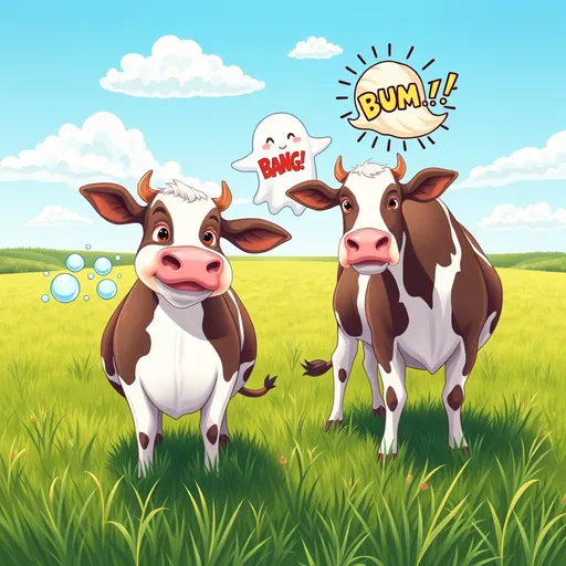 Prompt: Create a hyper-realistic, playful illustration of a vast green field under a bright blue sky. In the foreground, have two cows with exaggerated, playful expressions. One cow should have little ghostly bubbles rising from its belly, symbolizing a silent, sneaky fart, with a cute caption that reads: 'The ghostly dance of a silent fart!' The other cow should be releasing a loud fart, represented by a cartoonish, exaggerated 'BANG!' soundwave with playful motion lines and a comic-style 'BUM!' popping out.
In the background, a friendly, transparent ghost should be floating mid-air, whimsically performing a dance, as if it's having fun with the fart. Above the cows, make the fart clouds look whimsical and colorful—almost like little rainbow-like puffs of air.
The scene should feel lively, funny, and colorful, with the cows wearing amused expressions as if they know they are part of this ‘fart equation,’ making the atmosphere lighthearted and joyful. Add subtle, hyper-realistic details to the grass, sky, and textures, but keep the cows and ghosts cartoonish and adorable, blending both realism and whimsy."